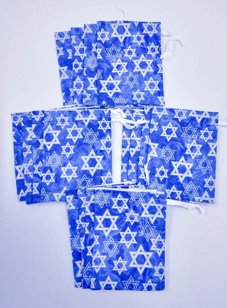 Set of 4 Ready to Ship Hanukkah Fabric Gift Bag Blue and White Star of David Fabric Fully Lined Reusable Drawstring Eco-Friendly