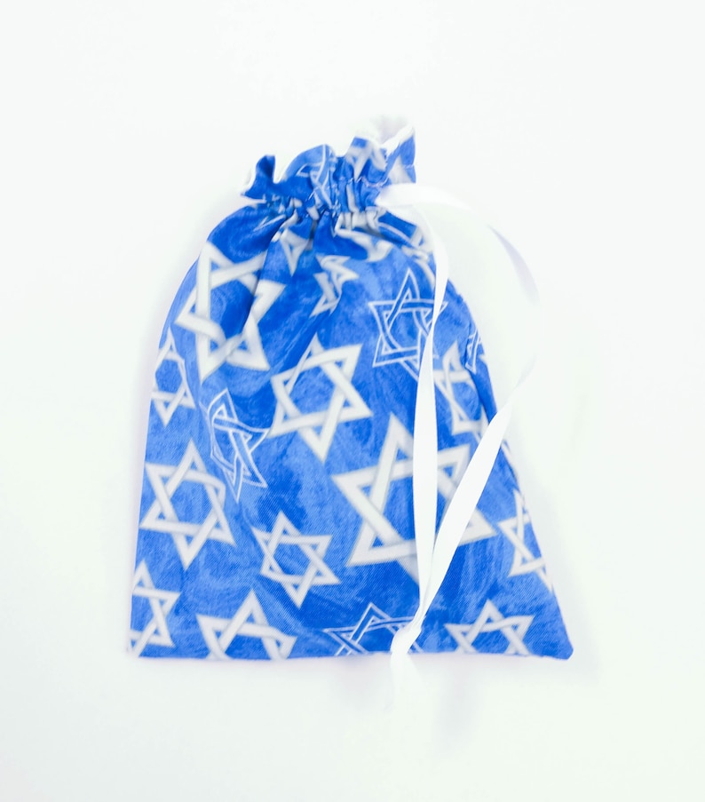 Set of 4 Ready to Ship Hanukkah Fabric Gift Bag Blue and White Star of David Fabric Fully Lined Reusable Drawstring Eco-Friendly