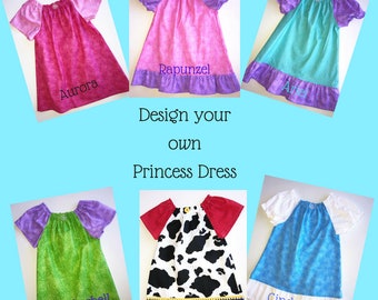 Princess Dresses - Design your own Princess Dress - Cinderella Belle Aurora Rapunzel Jessie Ariel Tinkerbell - Ruffle Peasant Dress Infant
