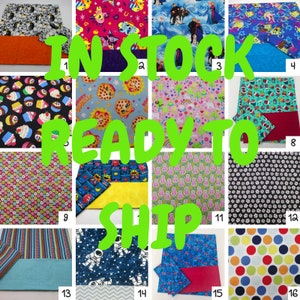 May include: A collage of 16 different fabric squares, each with a unique pattern. The fabrics are in various colors and feature designs such as cupcakes, rainbows, flowers, and cartoon characters. The text "IN STOCK READY TO SHIP" is superimposed over the images.