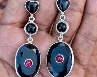 Black Onyx and Ruby Earrings : heart shape stud , 925 sterling silver jewelry