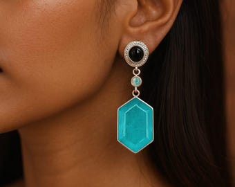 Paraiba Tourmaline & Black Onyx earrings : Opal accent , 925 sterling silver jewelry