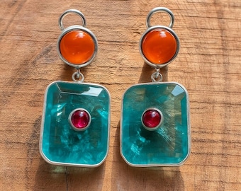 Paraiba Tourmaline & Ruby Earrings : Orange onyx Accent , 925 sterling silver Jewelry