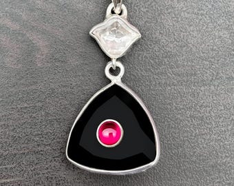Black onyx with Ruby Pendant : 925 sterling Silver , Moissanite Polki
