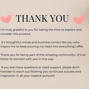 Op de afbeelding: Een beige kaart met de woorden "THANK YOU" in grote, donkere letters. Twee roze harten met stippellijnen staan aan weerszijden van de tekst. De kaart bevat een boodschap van dankbaarheid en waardering.