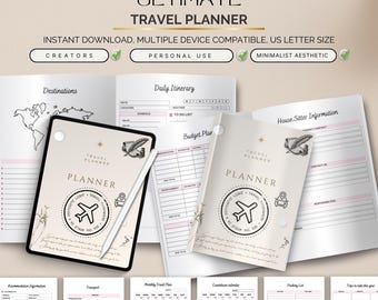 May include: A travel planner with a minimalist aesthetic. The cover features the text "Travel Planner" and a graphic of an airplane. The planner includes sections for destinations, daily itineraries, and budget planning. The text "Ultimate Travel Planner" is at the top.