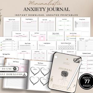 Op de afbeelding: Een verzameling afdrukbare angst-dagboeken met sjablonen voor zelfzorg, waaronder een stemmingsmeter, een dagplanner en een dankbaarheidsdagboek. De omslag toont de tekst "ANXIETY JOURNAL" en een illustratie. Het dagboek heeft ongeveer 77 pagina's.