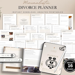 Op de afbeelding: Een minimalistische scheidingsplanner met de tekst "Divorce Planner" en "Direct downloaden, ongedateerde printables". De planner bevat secties voor juridische en financiële planning, zelfzorg en co-ouderschap.
