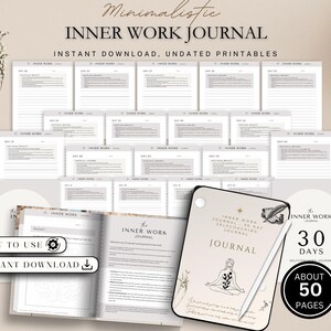 Op de afbeelding: Een minimalistisch Inner Work Journal met ongedateerde printables. Het journal bevat 30 dagen zelfcoaching prompts en is gemakkelijk te gebruiken. De cover toont een lijntekening van een mediterende persoon.