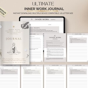 Op de afbeelding: Een digitaal innerlijk werkboek met de tekst "ULTIMATE INNER WORK JOURNAL" en "INNER WORK JOURNAL 30 DAY SELFCOACHING JOURNAL". Het boek bevat prompts en reflectiepagina's en heeft het US Letter-formaat. Een "Premium Edition"-tag staat linksboven.