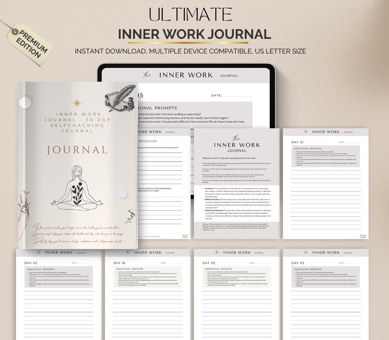 Op de afbeelding: Een digitaal innerlijk werkboek met de tekst "ULTIMATE INNER WORK JOURNAL" en "INNER WORK JOURNAL 30 DAY SELFCOACHING JOURNAL". Het boek bevat prompts en reflectiepagina's en heeft het US Letter-formaat. Een "Premium Edition"-tag staat linksboven.