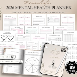 Pode incluir: Um conjunto de planejadores de saúde mental imprimíveis com modelos para rastreamento de hábitos, planejamento diário e rastreamento de humor. A capa do diário apresenta um design minimalista com o texto "Inner Work Journal". O planejador tem cerca de 89 páginas.