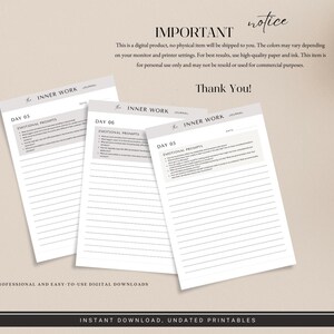 Op de afbeelding: Drie ongedateerde, afdrukbare journaalpagina's met gelinieerd papier en de tekst "The Inner Work Journal". Elke pagina bevat prompts voor emotionele reflectie, met de labels "Day 05" en "Day 06". De achtergrond is een neutrale beige kleur. De tekst "Important Notice" staat bovenaan.