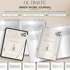 May include: A beige journal with the text "Inner Work Journal" and a minimalist illustration of a person meditating. The journal is open, revealing lined pages and prompts. A tablet with a stylus displays the journal cover.