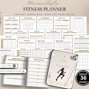Könnte beinhalten: Ein minimalistischer Fitnessplaner mit undatierten, druckbaren Seiten zur Verfolgung von Zielen, Workouts und Ernährung. Das Cover zeigt eine laufende Silhouette und den Text "Fitness Planner". Enthält etwa 36 Seiten.