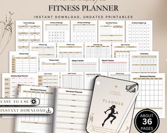 May include: A fitness planner with a minimalist design, featuring various undated printable pages for tracking goals, workouts, and diet. The cover displays a running silhouette and the text "Fitness Planner". Includes about 36 pages.