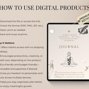 Op de afbeelding: Een digitaal dagboek weergegeven op een tablet, met de tekst "Inner Work Journal - 30 Day Self Coaching Journal". De afbeelding bevat instructies over het gebruik van digitale producten en de voordelen ervan.