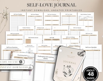 May include: A collection of printable self-love journal pages with a minimalist design. The journal includes sections for self-care, wellness, and self-esteem. The cover features a heart and floral illustration. The journal is about 48 pages.