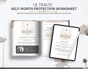 May include: An open workbook and a tablet displaying a self-worth protection worksheet. The workbook page reads "Congratulations" and "Meet the Coach." The tablet shows "Welcome" and a stylus. The text reads "Ultimate Self-Worth Protection Worksheet."