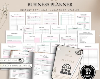 May include: A collection of undated business planner printables. The pages include sections for customer feedback, financial goals, weekly to-do lists, and marketing plans. The planner has a minimalist design with soft pastel accents and the text "Business Planner".
