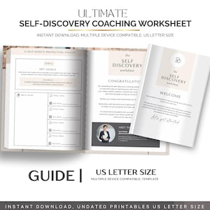 May include: An open workbook and a separate booklet titled "The Self Discovery Worksheet" are displayed. The workbook pages include prompts for setting goals. The cover of the booklet has a floral design and the word "Welcome". The text reads "Instant Download, US Letter Size".