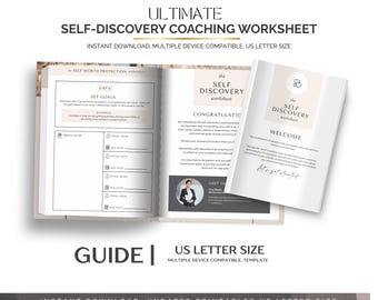 May include: An open workbook and a separate booklet titled "The Self Discovery Worksheet" are displayed. The workbook pages include prompts for setting goals. The cover of the booklet has a floral design and the word "Welcome". The text reads "Instant Download, US Letter Size".