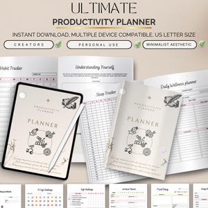 Puede incluir: Un planificador de productividad beige con el título "ULTIMATE PRODUCTIVITY PLANNER" y el texto "INSTANT DOWNLOAD, MULTIPLE DEVICE COMPATIBLE, US LETTER SIZE". El planificador incluye rastreadores de hábitos, sueño y bienestar diario. También se ve una tableta con un lápiz óptico.