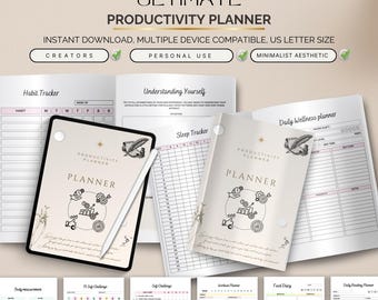 May include: A beige productivity planner with the title "ULTIMATE PRODUCTIVITY PLANNER" and the text "INSTANT DOWNLOAD, MULTIPLE DEVICE COMPATIBLE, US LETTER SIZE". The planner includes habit, sleep, and daily wellness trackers. A tablet with a stylus is also visible.