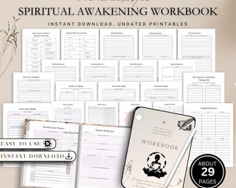 May include: A minimalist spiritual awakening workbook with undated printables. The cover features a seated figure, a butterfly, and the text "Spiritual Awakening Workbook". The workbook includes pages for self-care, spiritual journey, and overcoming doubts. About 29 pages.