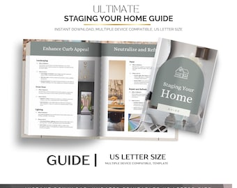Peut inclure: Un livre ouvert et un guide intitulé "Staging Your Home" sont affichés. Les pages du livre présentent du texte et des images sur la décoration intérieure. Le guide a une couverture verte avec une icône de maison et les mots "Staging Your Home Guide". Le texte comprend "Téléchargement instantané" et "Format US Letter".