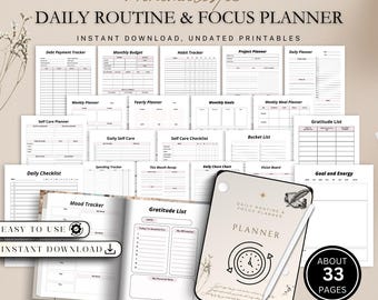 May include: A minimalist daily routine and focus planner with various printable templates, including debt payment, monthly budget, and habit trackers. The planner features a cover with a clock design and the text "Daily Routine & Focus Planner". Includes about 33 pages.