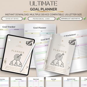 May include: A digital goal planner with the text "ULTIMATE GOAL PLANNER". The planner includes sections for goal tracking, goal setting, and goal review. The design is minimalist with a neutral color palette and includes a tablet and stylus.