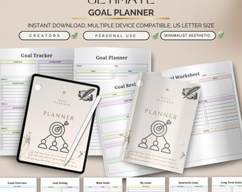 May include: A digital goal planner with the text "ULTIMATE GOAL PLANNER". The planner includes sections for goal tracking, goal setting, and goal review. The design is minimalist with a neutral color palette and includes a tablet and stylus.