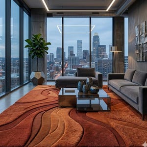 Hand-tufted Sculptural Wool Rug | Abstract Wavy Area Carpet in Burnt Orange & Ochre | Modern Statement Piece for Living Room  Bedroom