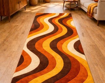 Alfombra de pasillo moderna de mediados de siglo - Alfombra abstracta vibrante en terracota y marrón café - Alfombra larga de lana para la decoración del hogar