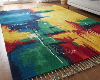 Color Block Abstract Rug, Hand Tufted Wool Area Rug, Modern Boho Carpet for Living Room Bedroom Decor