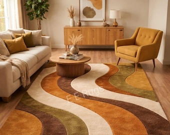 Sala de estar de estilo moderno de mediados de siglo con paredes en tonos terracota cálidos y un conjunto de sofás de 5 plazas, alfombra moderna de estilo bohemio escandinavo.