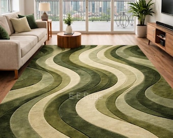 Retro handgetuft wollen vloerkleed uit het midden van de eeuw groen crème voor woonkamer, slaapkamer, boho decor tapijt, cadeau, kinderkamer