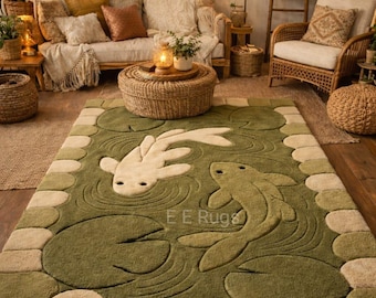 Alfombra Boho con diseño de peces koi, alfombra de lana verde tejida a mano, alfombra con diseño de estanque de nenúfares, alfombra texturizada de diferentes alturas, decoración de sala de estar inspirada en la naturaleza.