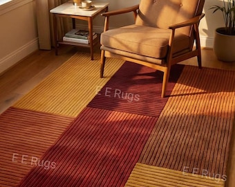Alfombra de lana patchwork de estilo moderno de mediados de siglo, alfombra geométrica color óxido mostaza, alfombra texturizada tejida a mano, decoración cálida y minimalista para sala de estar.