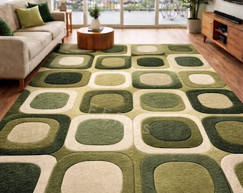 Sage and Forest Green Rug, Mid-Century Modern Living Room Decor, Abstract Rounded Square Carpet, Retro 70s Style Geometric Area Rug