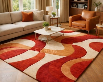 Mid Century Modern Abstract Rug, Terracotta Rust Cream Wavy Area Rug, Hand Tufted Wool Carpet, Retro 70s Living Room Decor