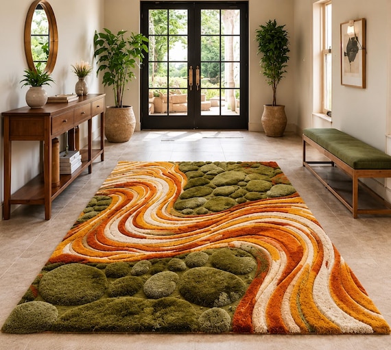 Mid Century Modern Abstract Rug, Wavy Orange Green Area Rug, 70s Retro Tufted Wool Carpet, Textured Pebble Rug, Earthy Living Room Decor