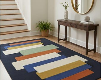 Moderner abstrakter Mid Century-Wollteppich, geometrischer Farbblock, handgetufteter marineblauer Teppich, Retro-Wohnzimmer-Schlafzimmerdekor