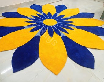 Tappeto floreale in lana, tappeto trapuntato a mano con fiori blu e gialli, tappeto botanico moderno, tappeto per soggiorno e camera da letto in stile metà secolo, decorazione in lana fatta a mano