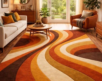 Mid Century Modern Wavy Rug – Rust Mustard Abstract Wool Rug, Hand Tufted Wave Pattern Area Rug for Living Room Bedroom
