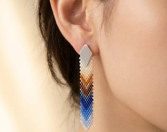 Dangle Earrings Long Tropical Feather (Blue/Brown/Beige) Artisan Made - Unique Colombian Statement