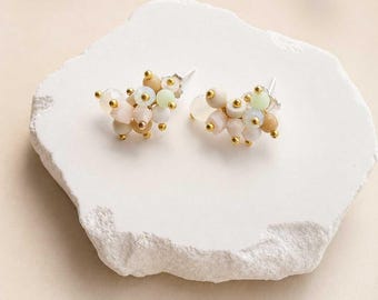 Handmade Earth Tone Cluster Earrings | 925 Sterling Silver Studs | Mint & Taupe Gemstone Jewelry | Artisan Studs from Colombia