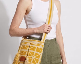 Wayuu Small Mochila Bag | Mustard Yellow Neutral Crochet Crossbody Purse | Handwoven Colombian Artisan Made | Stars Boho Small Bucket Bag
