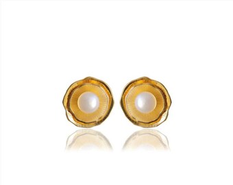 24k Gold Pearl Earrings, Hand Forged Colombian Jewelry, Sculptural Bold Gold Stud Artisan Earrings, AMPMsis